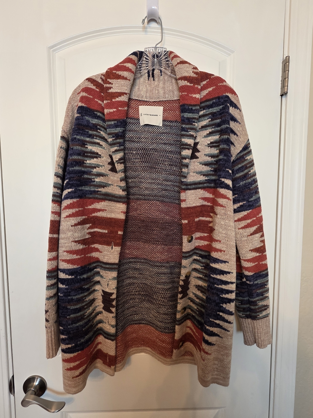 Lucky Brand Red Navy Cream Patterned Open-Front Cardigan